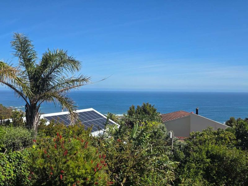 A scenic elevated view overlooking the ocean, featuring lush greenery and visible solar panels on the roof of the property.
