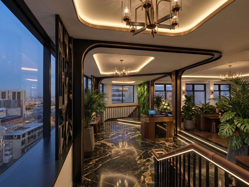 Sophisticated high-rise reception area featuring premium marble flooring, integrated ceiling lighting, a vertical garden wall, and expansive city views through floor-to-ceiling windows.