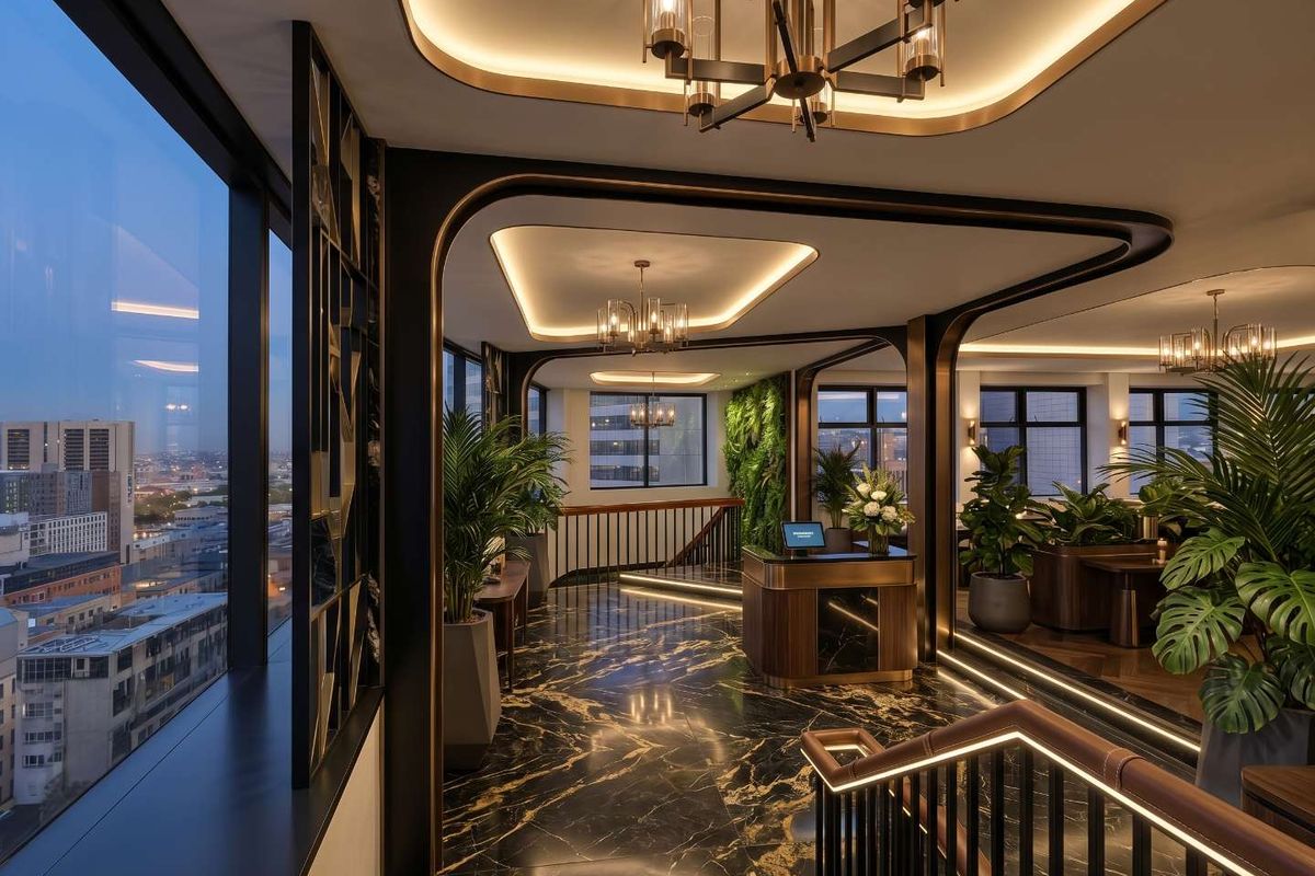 Sophisticated high-rise reception area featuring premium marble flooring, integrated ceiling lighting, a vertical garden wall, and expansive city views through floor-to-ceiling windows.