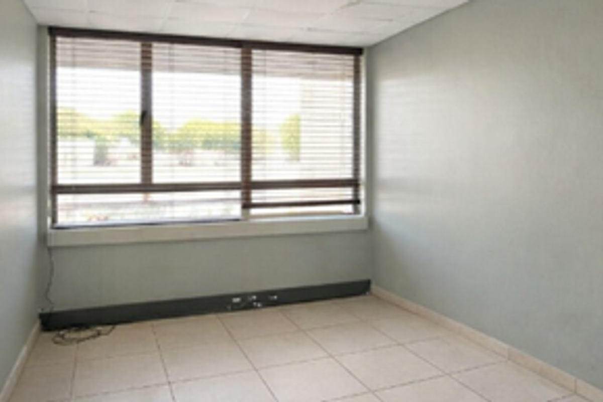 An empty office space featuring tiled flooring, a large window with venetian blinds, and a suspended ceiling, suitable for a professional workspace.
