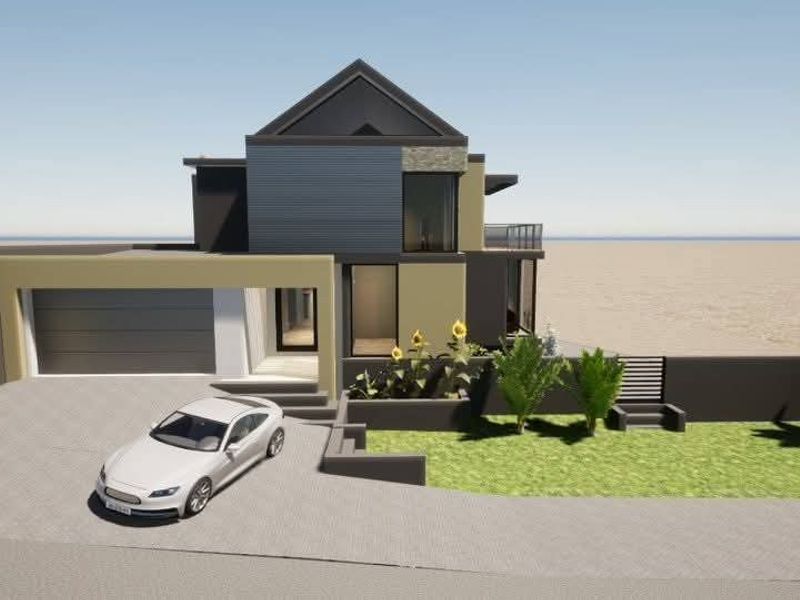 A 3D architectural render of a modern two-story house featuring a garage, driveway, and landscaped front garden area.