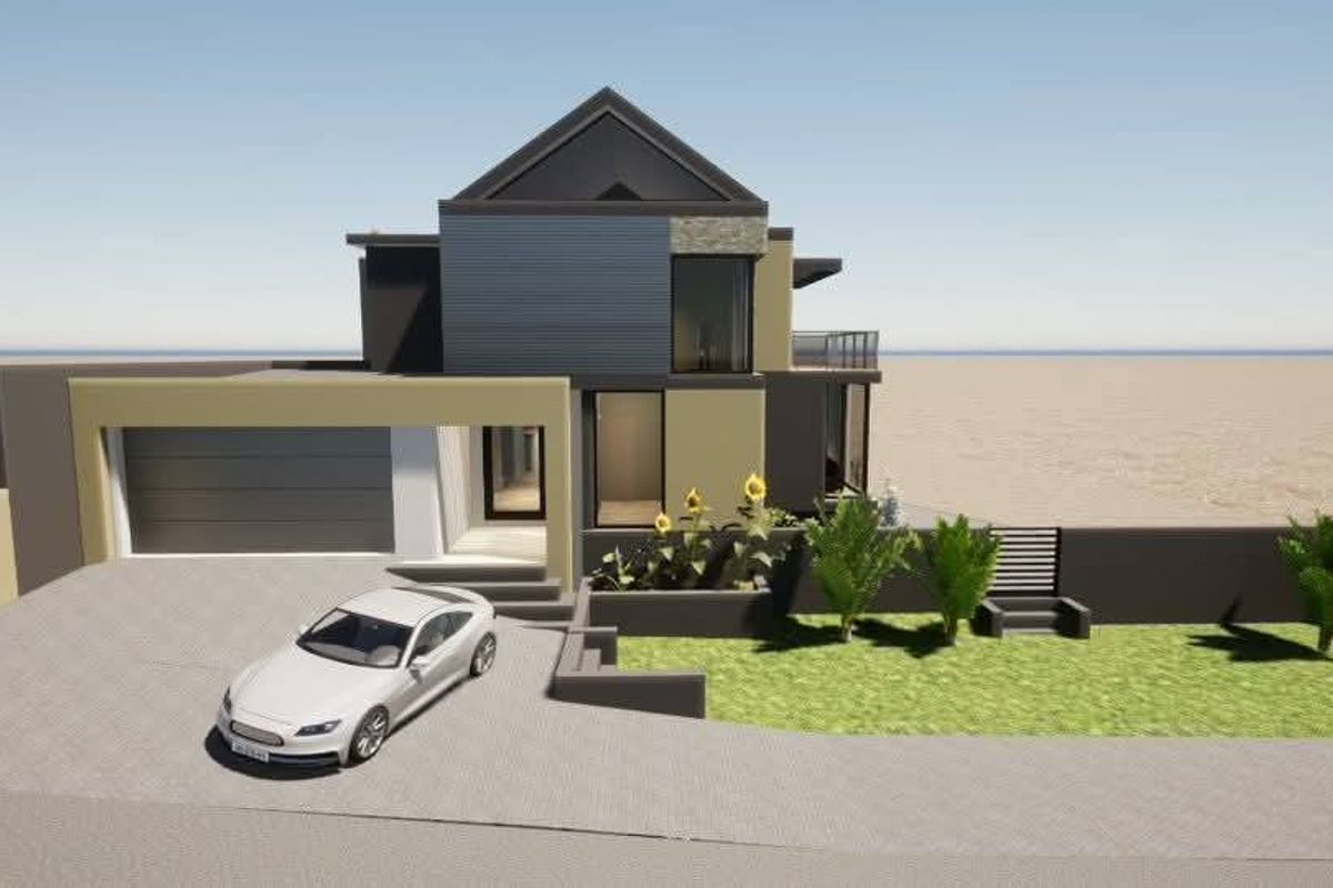 A 3D architectural render of a modern two-story house featuring a garage, driveway, and landscaped front garden area.