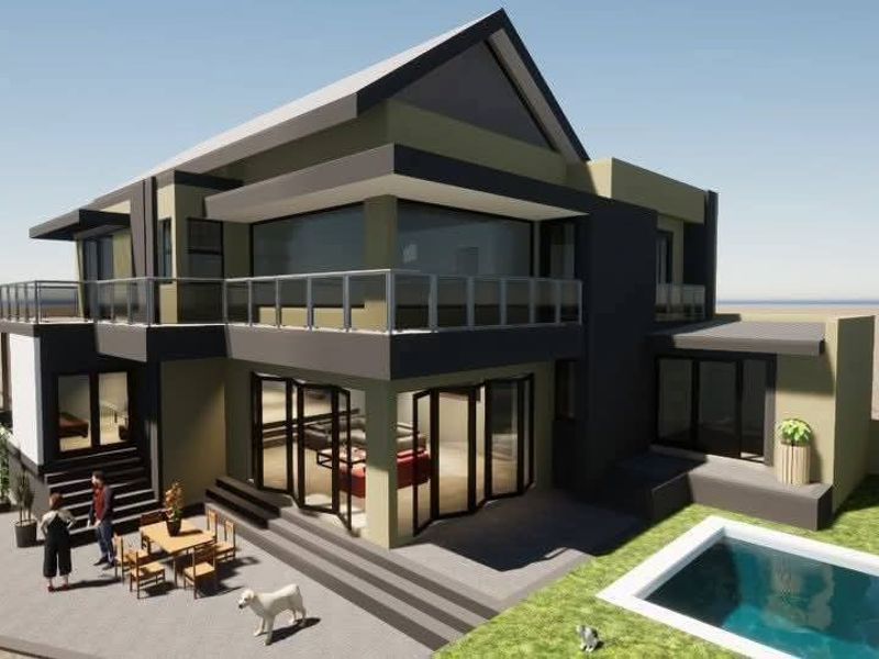 A modern architectural rendering of a two-story house featuring a rear patio, swimming pool, and large glass stacker doors opening to the living area.