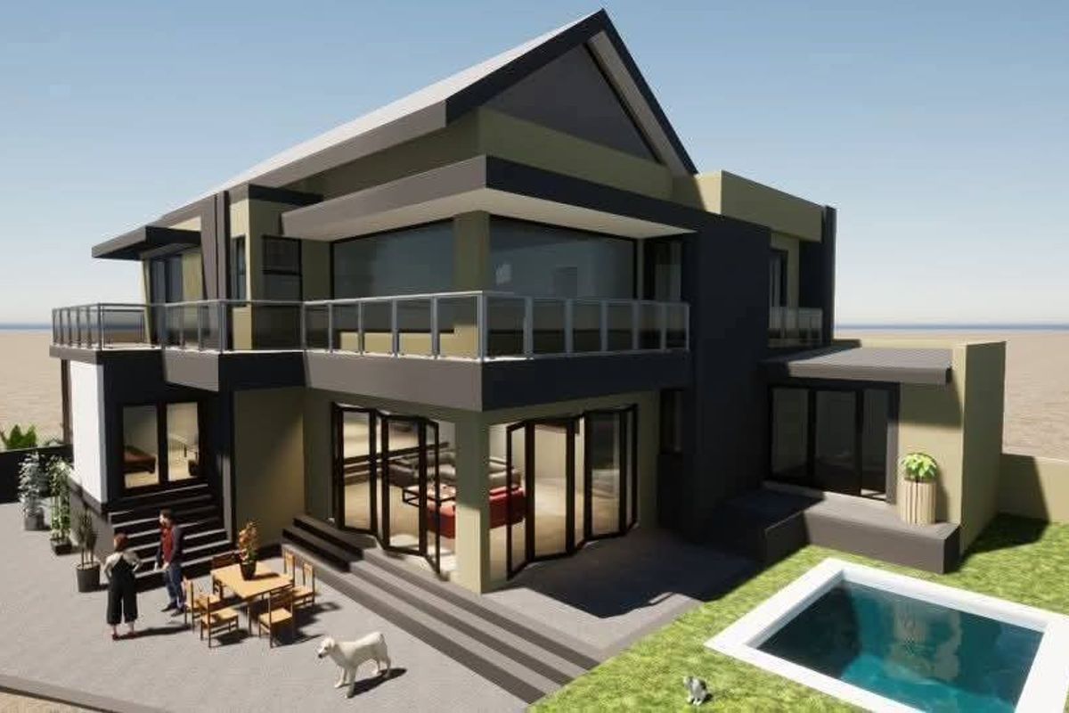 A modern architectural rendering of a two-story house featuring a rear patio, swimming pool, and large glass stacker doors opening to the living area.