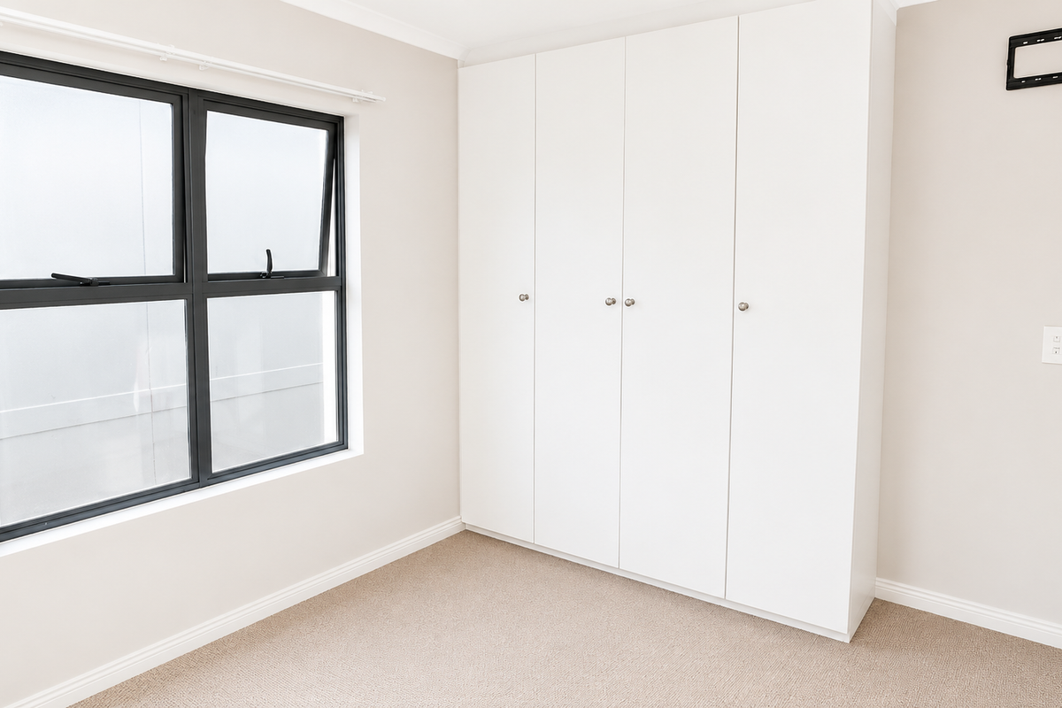 A bright, empty bedroom featuring neutral carpeting, clean white walls, and ample built-in cupboard storage with modern aluminium-framed windows.
