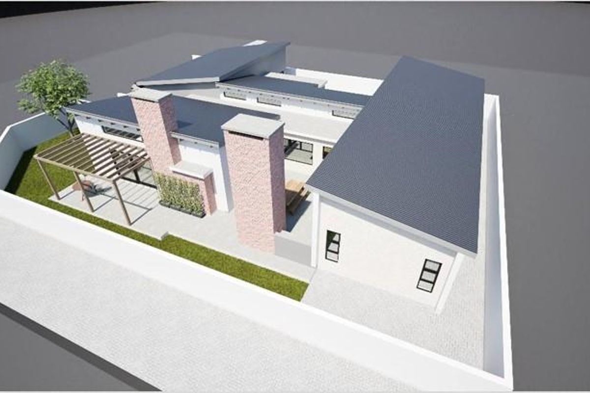 An aerial 3D architectural render showing the property layout, including the roof structure, chimneys, patio area, and surrounding boundary walls.