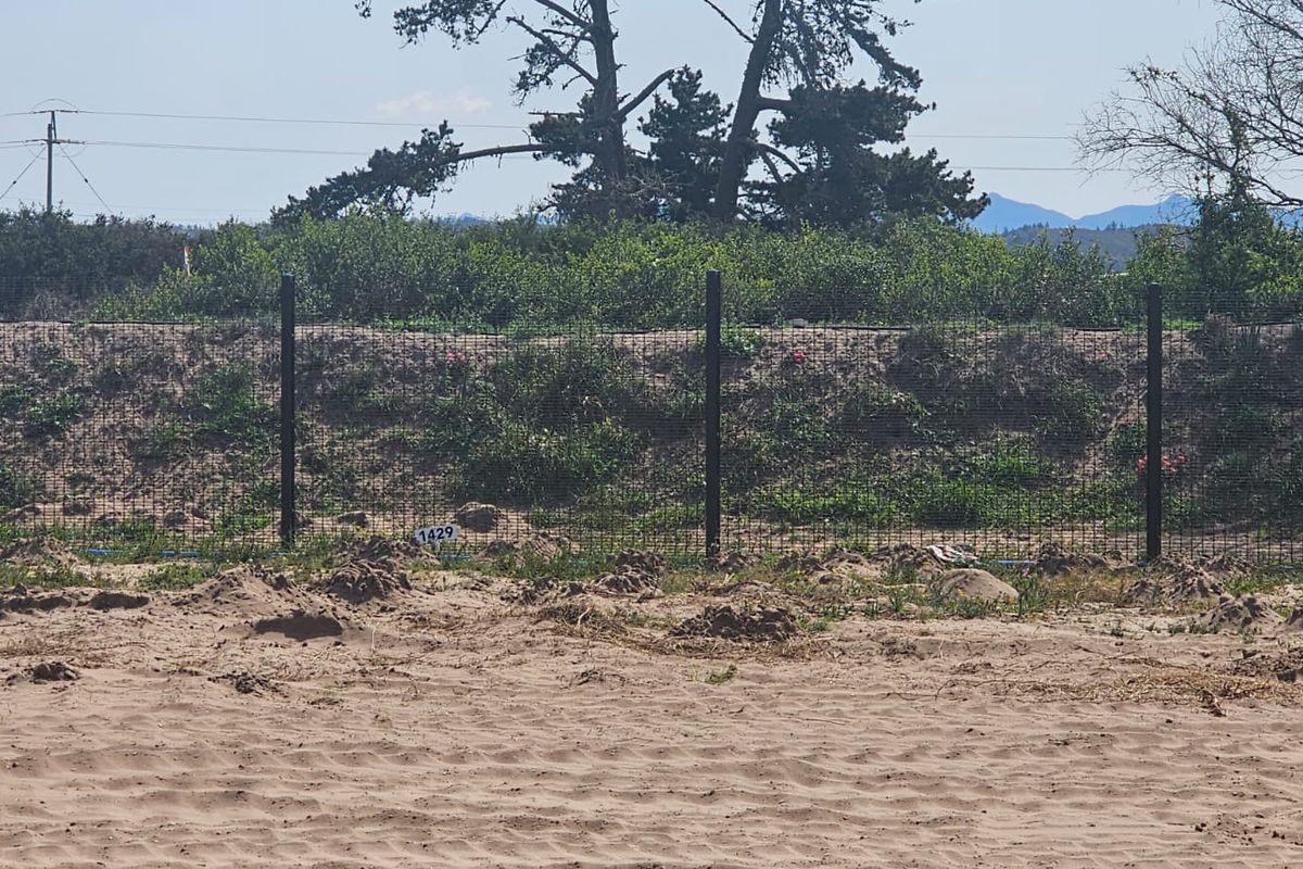 A view of an undeveloped plot of land featuring a wire mesh perimeter fence and natural vegetation in the background.