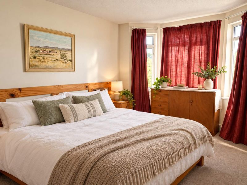 A well-lit bedroom featuring a bay window with natural light and neutral carpeted flooring.