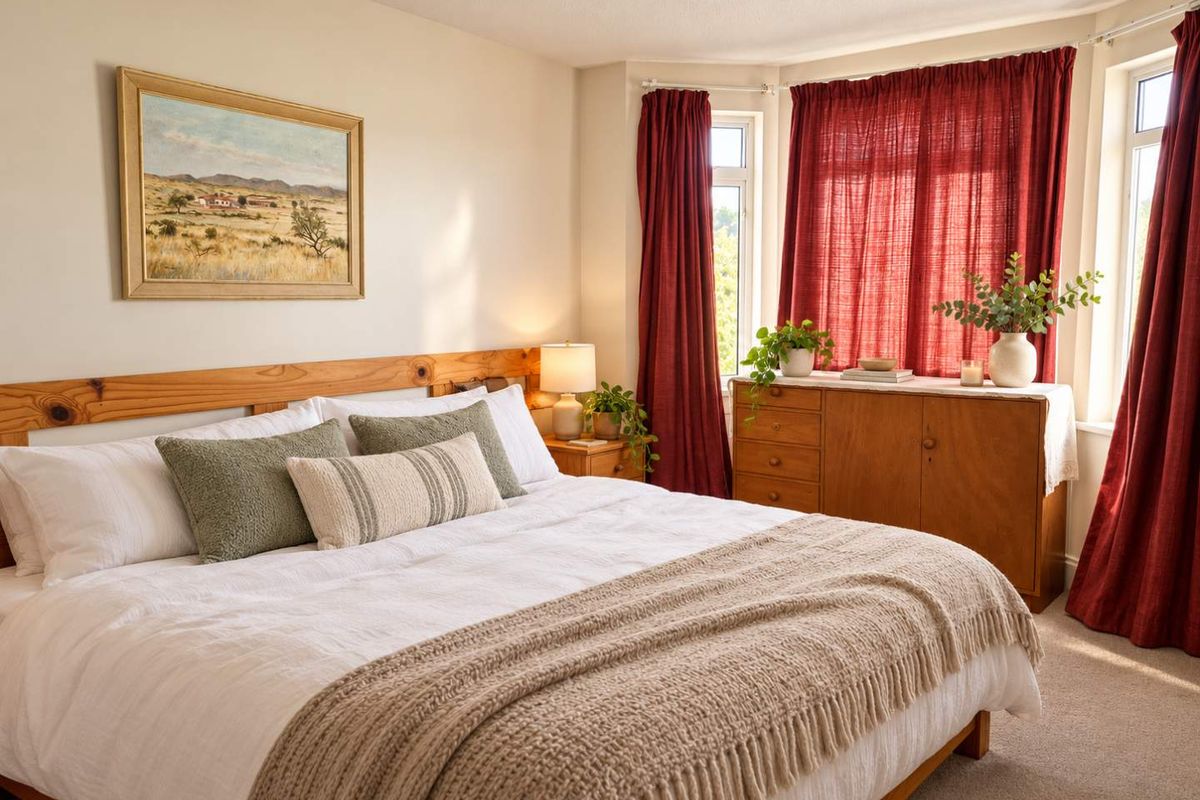 A well-lit bedroom featuring a bay window with natural light and neutral carpeted flooring.