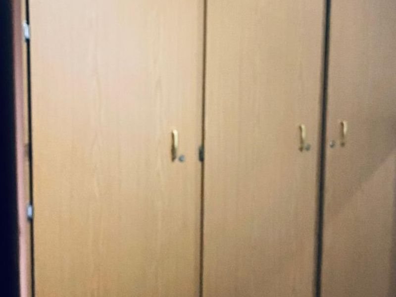 A bedroom featuring floor-to-ceiling built-in wooden cupboards providing ample storage space.