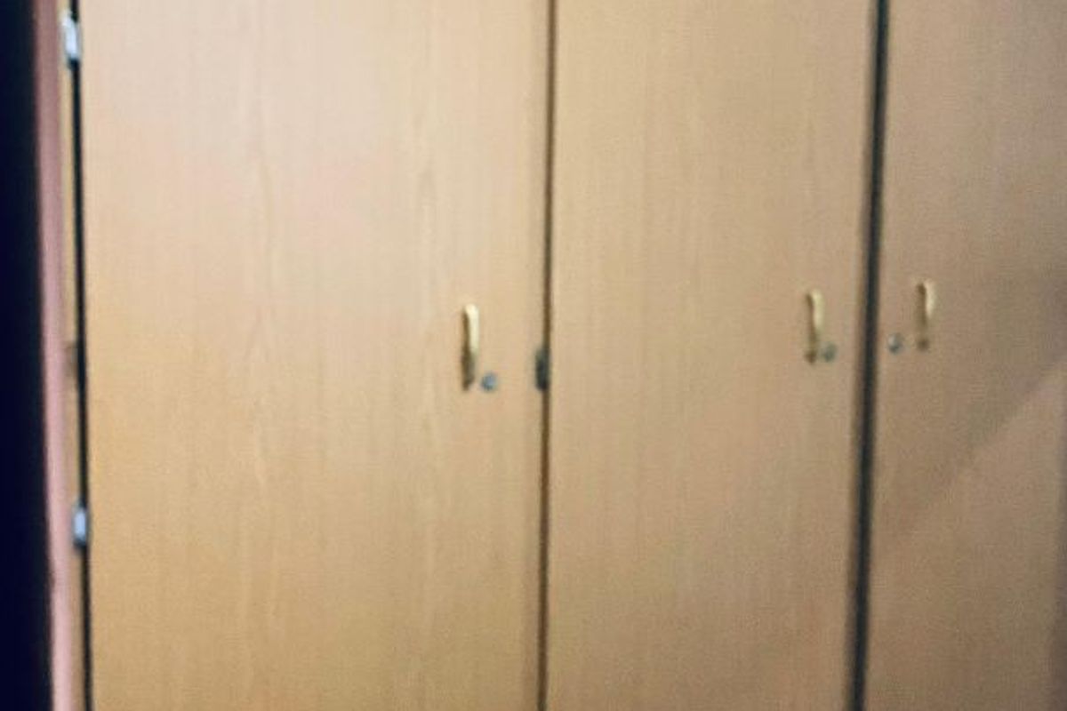 A bedroom featuring floor-to-ceiling built-in wooden cupboards providing ample storage space.