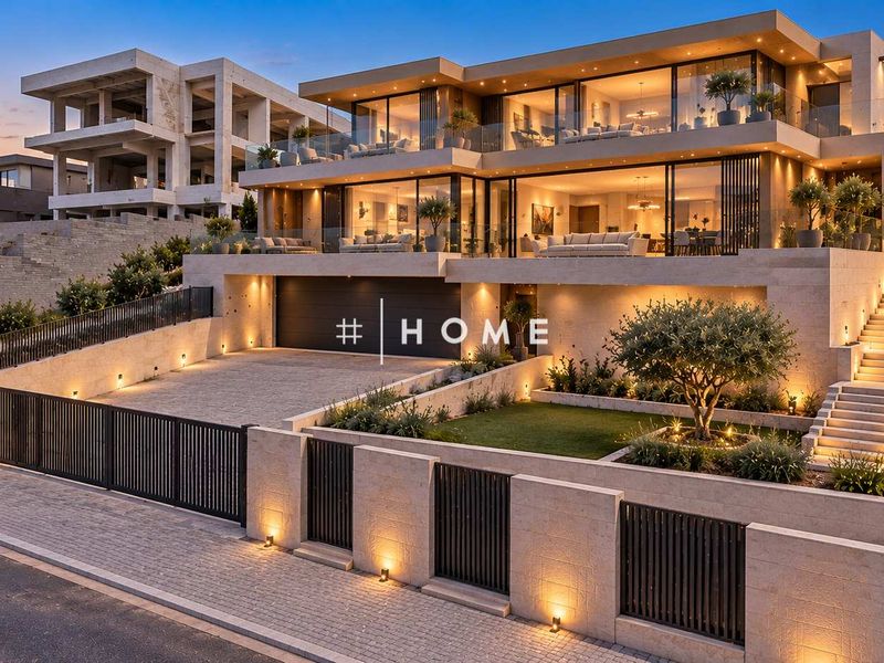 Modern multi-level luxury residence featuring stone cladding, expansive glass balconies, integrated garage, landscaped garden, and sophisticated exterior lighting design.