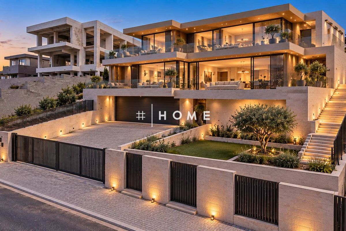 Modern multi-level luxury residence featuring stone cladding, expansive glass balconies, integrated garage, landscaped garden, and sophisticated exterior lighting design.