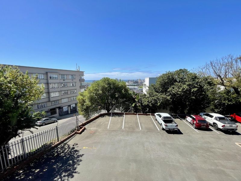 An elevated view of the property's rear asphalt parking area, featuring marked parking bays and perimeter metal fencing with surrounding trees.