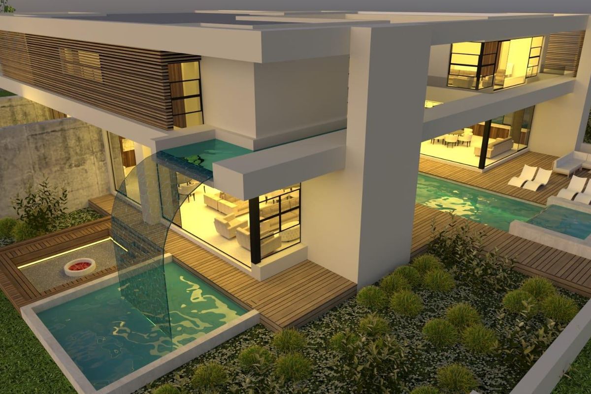 An aerial perspective of a modern luxury residence featuring extensive timber decking, a swimming pool, and a unique architectural water feature.