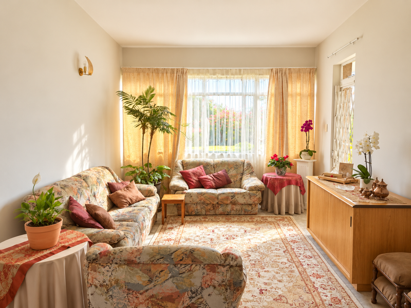 A sunlit living room featuring a large window with curtains, neutral walls, and a security gate leading to the exterior.
