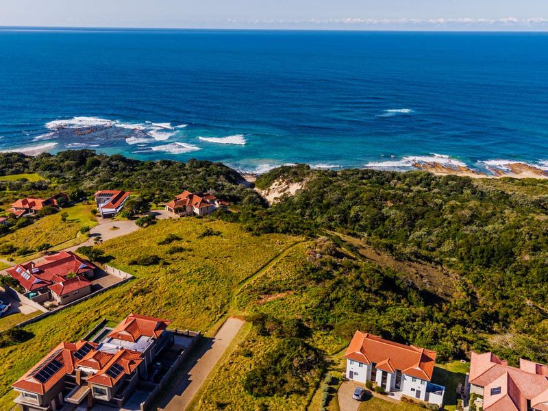 An aerial view of a coastal residential estate featuring established homes, paved roads, and direct proximity to the ocean and natural vegetation.