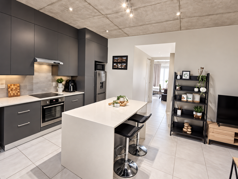 Modern open-plan kitchen featuring dark cabinetry, a central quartz island, integrated appliances, and an exposed concrete ceiling, flowing into the living area.