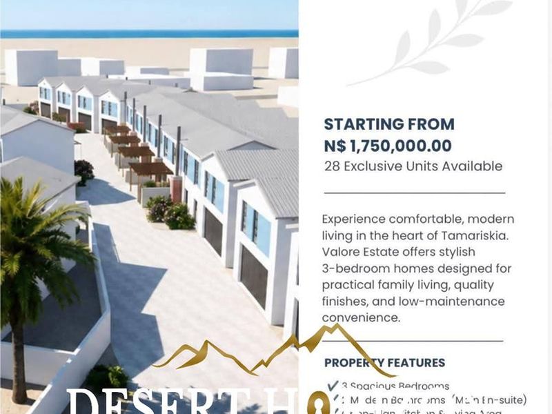 Aerial view of the Valora Estate townhouse development in Tamariskia, Swakopmund, showcasing the modern architectural design and coastal location.