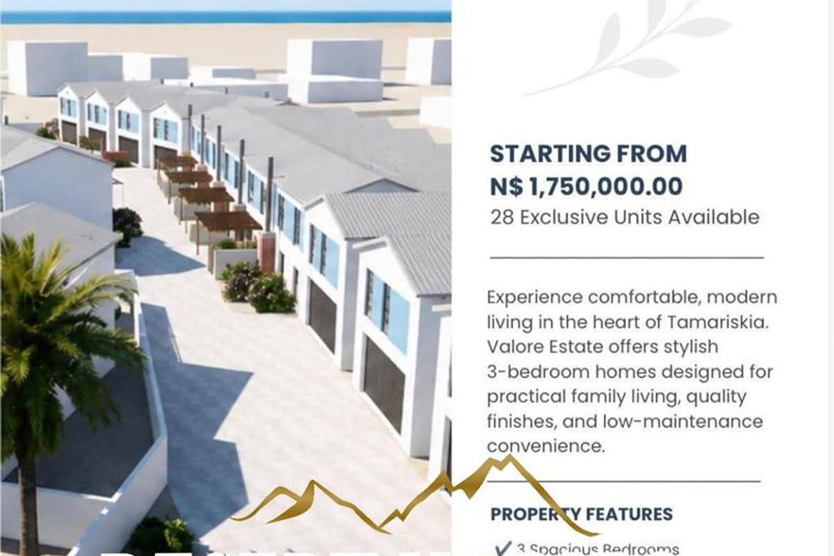 Aerial view of the Valora Estate townhouse development in Tamariskia, Swakopmund, showcasing the modern architectural design and coastal location.
