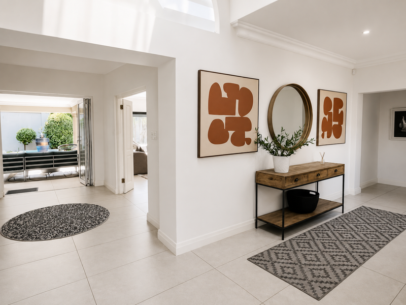 Bright and spacious entrance hall featuring neutral tiled flooring, clean white walls, and seamless flow through to the outdoor patio area.