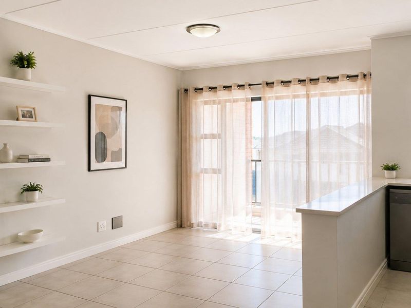 Bright open-plan living area featuring tiled floors, floating shelving, and a breakfast bar, with direct access to a balcony through sliding glass doors.
