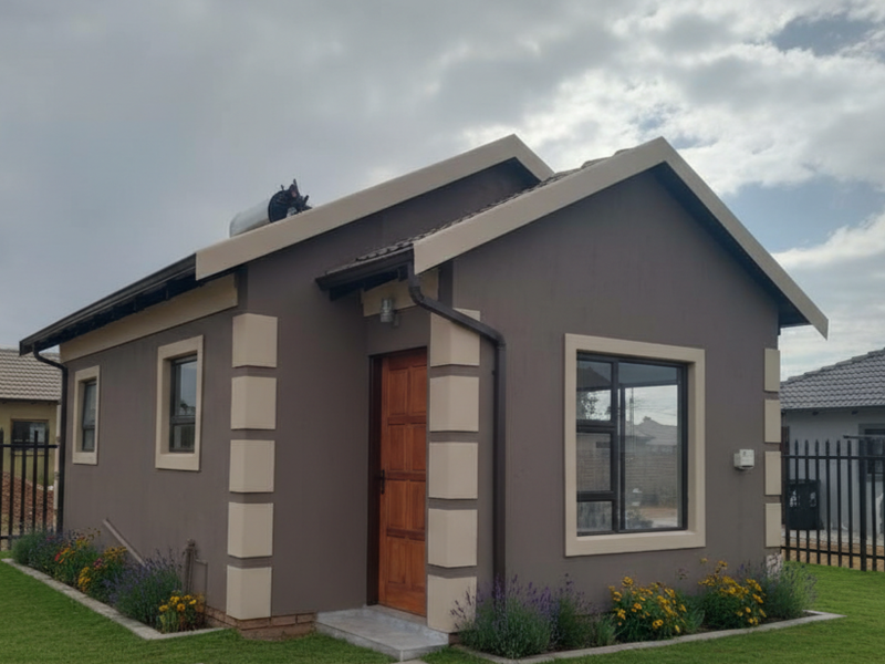A well-maintained single-story residential home featuring a modern dark exterior finish, contrasting trim, solar water heating, and landscaped garden surrounds.