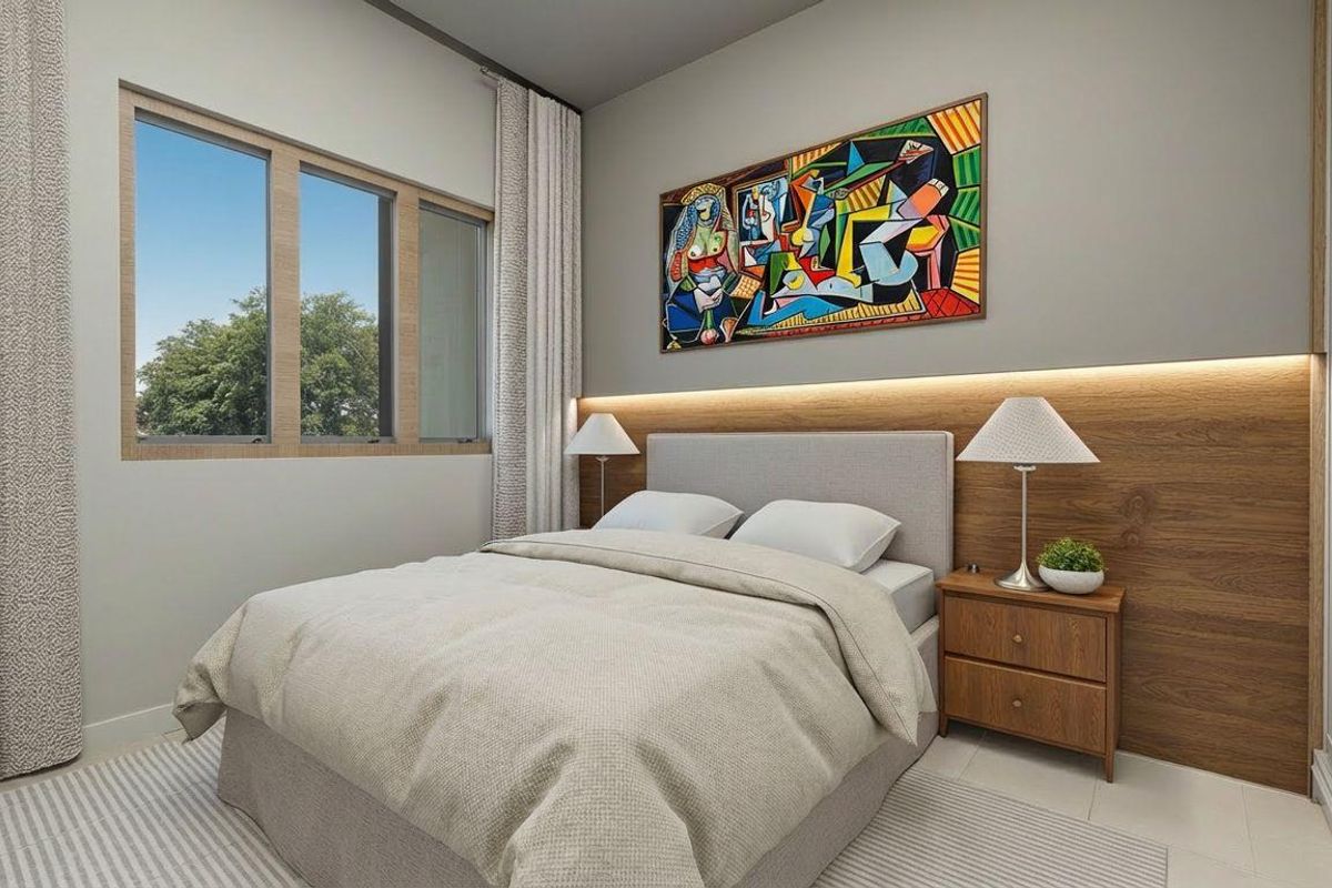 A modern bedroom featuring a wood-paneled accent wall with integrated LED lighting, large windows, and neutral tiled flooring.