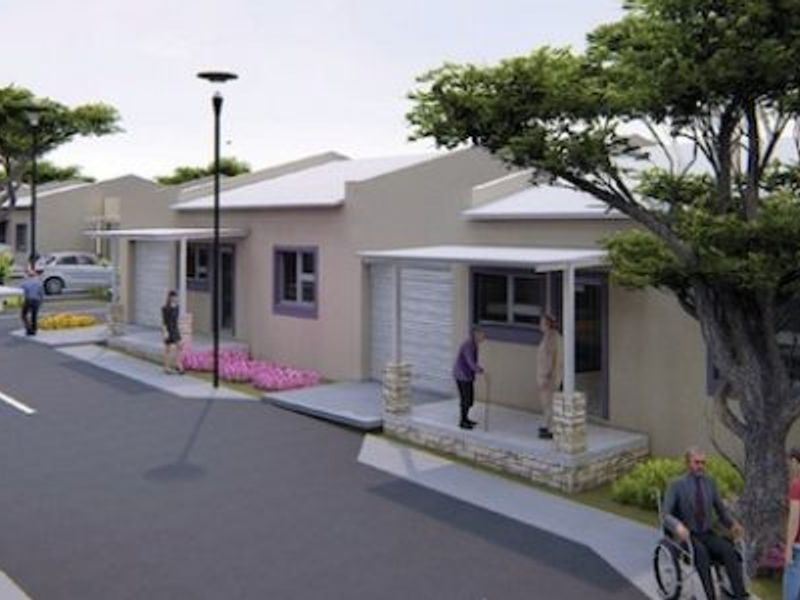 A 3D architectural rendering of a residential street featuring modern single-story homes with covered porches, stone-clad pillars, and landscaped garden areas.