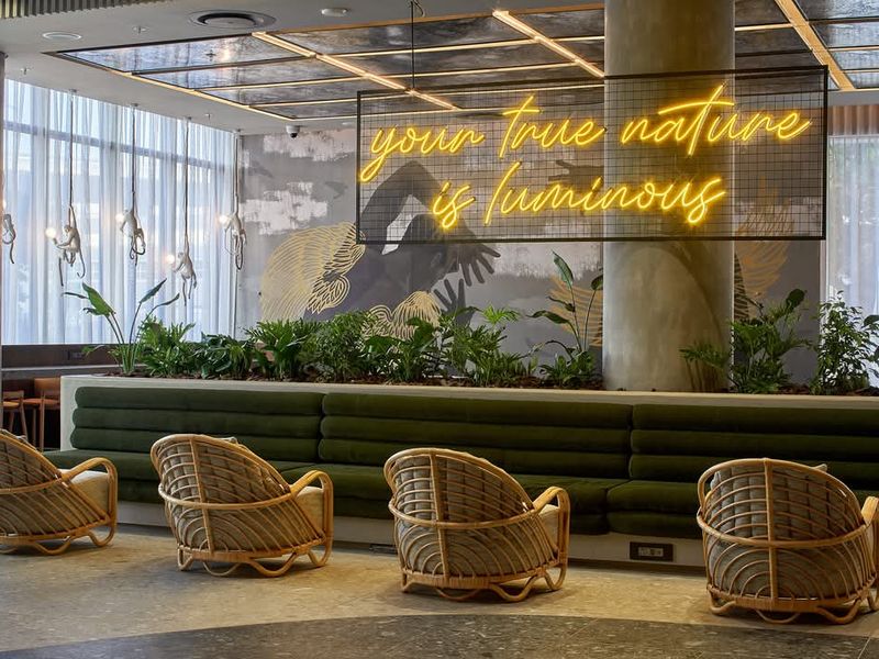 A modern, stylish communal lounge area featuring built-in green velvet bench seating, decorative wall murals, and integrated ceiling lighting.