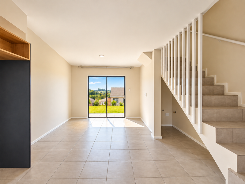 An open-plan living area featuring neutral tiled flooring, a staircase with a white balustrade, and a sliding glass door leading to the garden.
