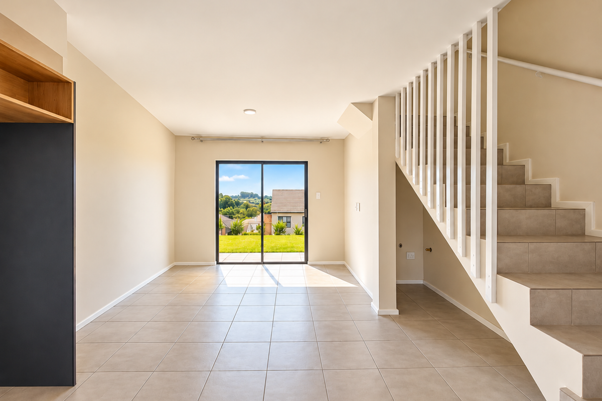 An open-plan living area featuring neutral tiled flooring, a staircase with a white balustrade, and a sliding glass door leading to the garden.