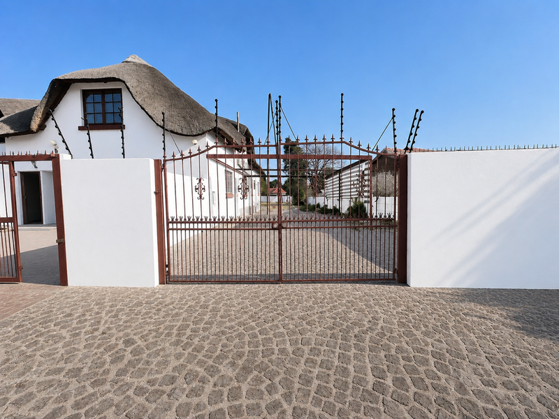 Front entrance featuring a secure wrought iron gate, cobblestone driveway, and a traditional thatch roof home with perimeter wall and electric fencing.