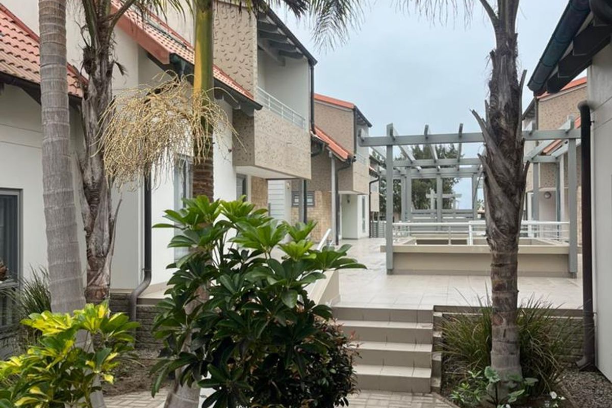 A well-maintained rear courtyard area featuring a paved walkway, landscaped palm trees, and a raised tiled patio with a pergola structure.