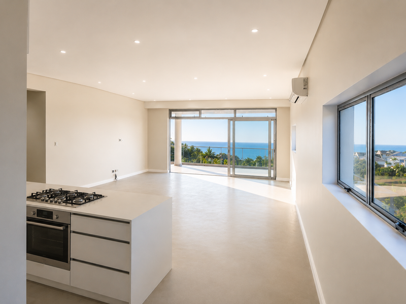 Spacious open-plan living area featuring a modern kitchen island with built-in oven and hob, leading to a balcony with scenic ocean views.