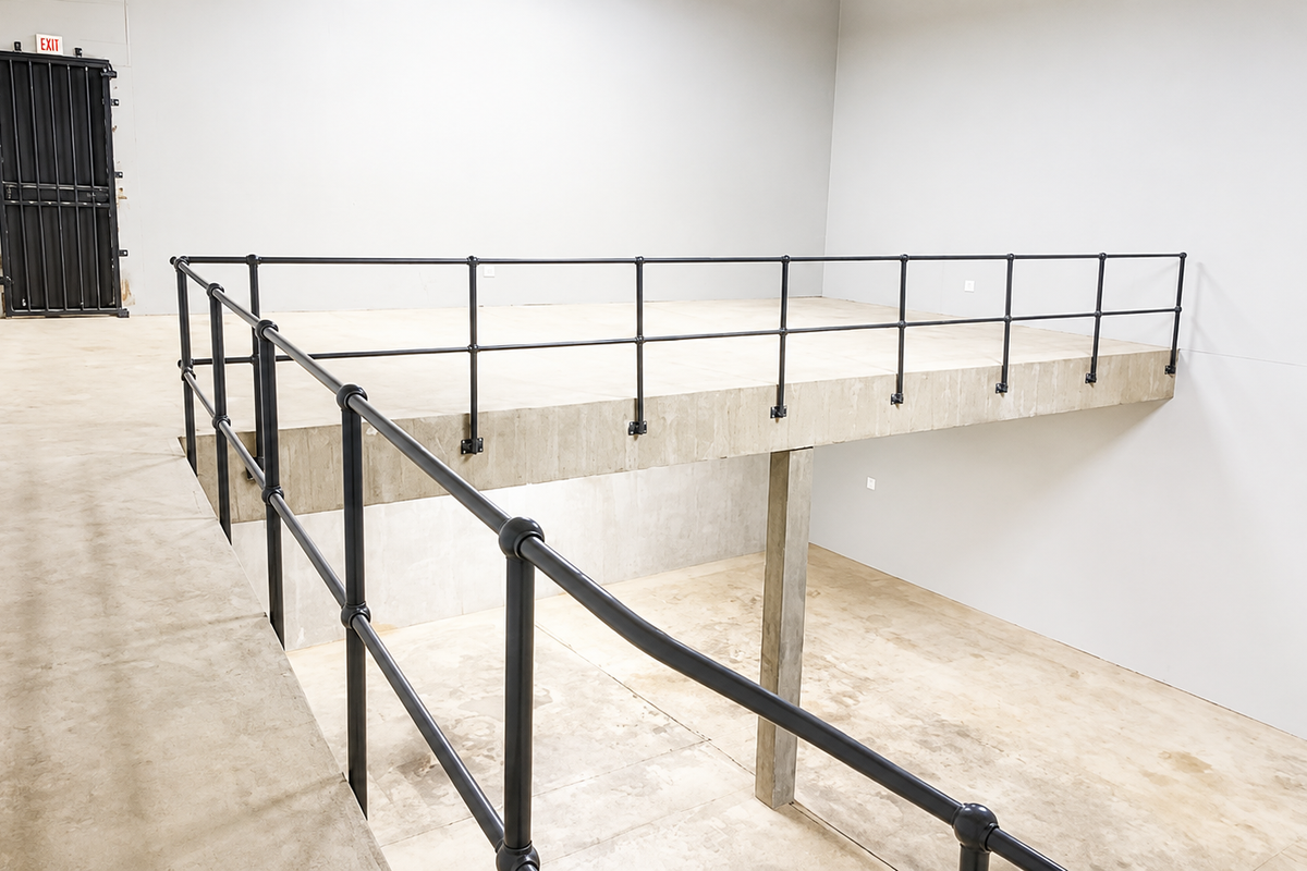 Industrial utility space featuring a concrete mezzanine level with black metal safety railings and a secure exit door.
