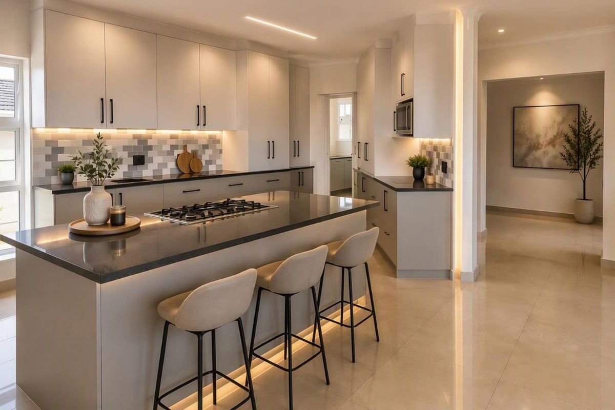 Modern, high-end kitchen featuring a central island with a gas hob, stone countertops, integrated appliances, and elegant under-cabinet lighting.