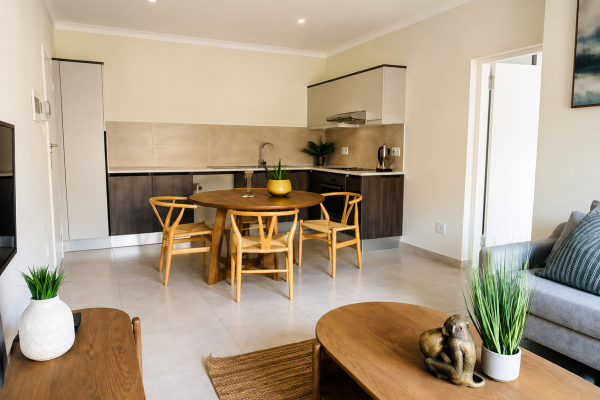 Modern open-plan living area featuring a functional kitchen with built-in cabinetry, tiled backsplash, and recessed lighting, seamlessly integrated with the dining and lounge space.