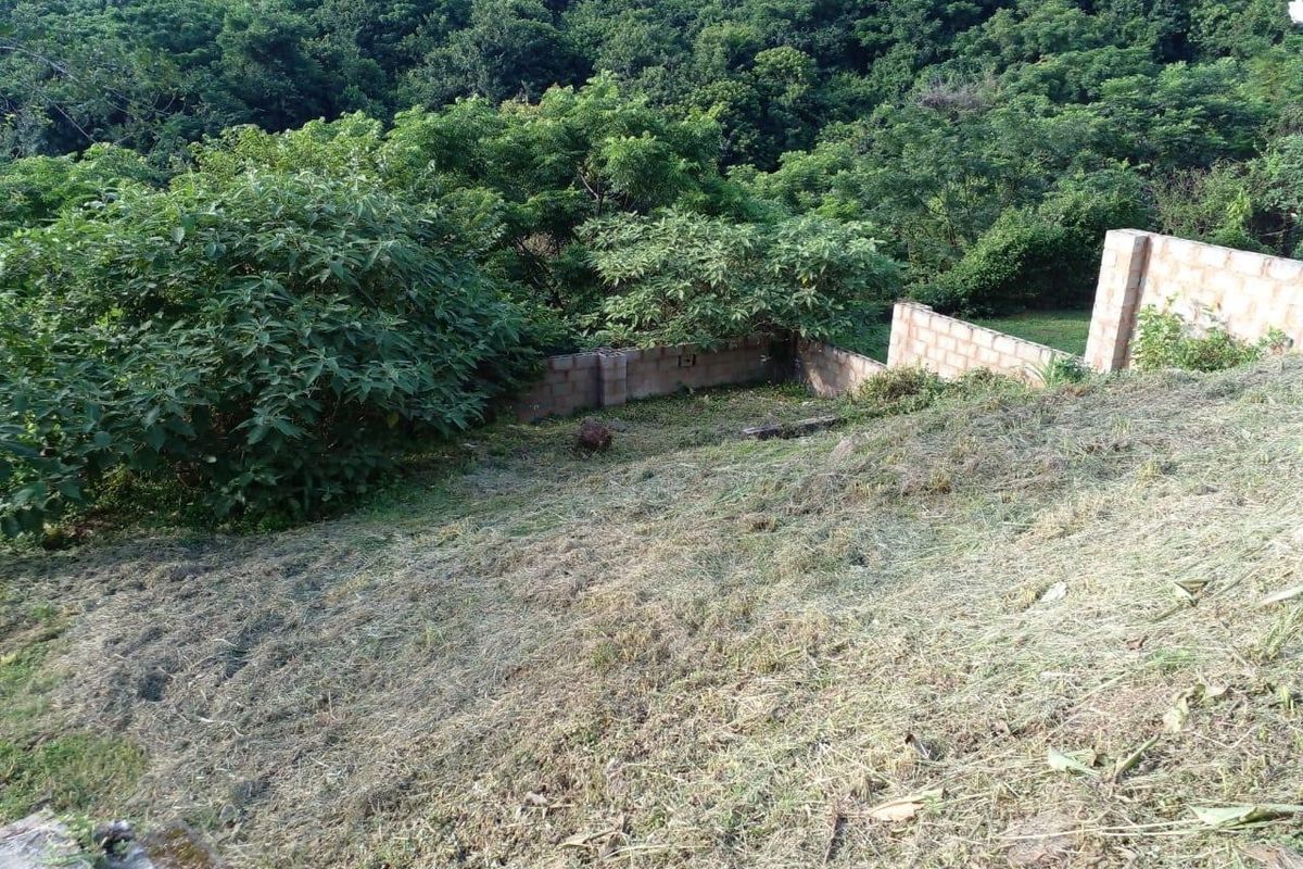 A sloped residential plot featuring a low concrete block retaining wall and established surrounding greenery.