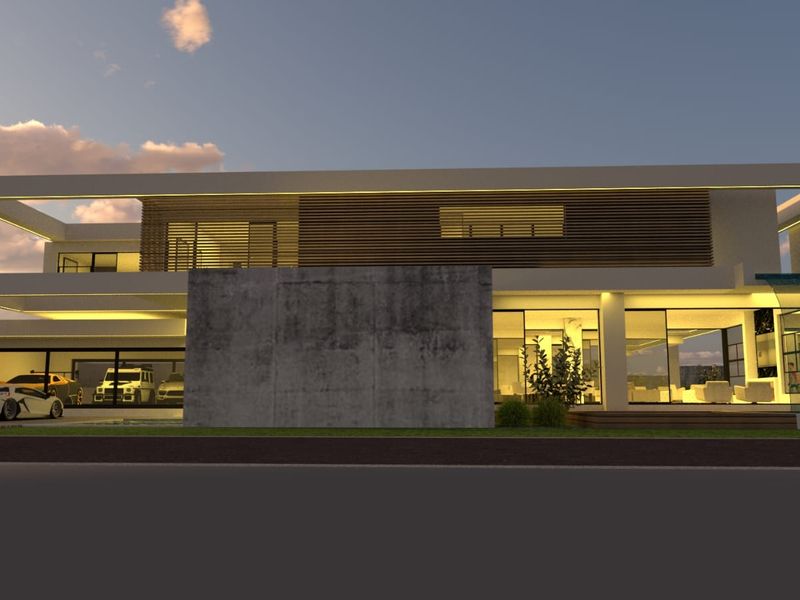 A modern architectural exterior featuring concrete and timber elements, integrated lighting, large glass windows, and a sleek garage entrance.