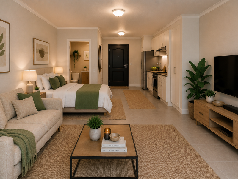 A well-appointed open-plan studio apartment featuring a modern kitchen, integrated appliances, tiled flooring, and a seamless transition to the bedroom and bathroom area.