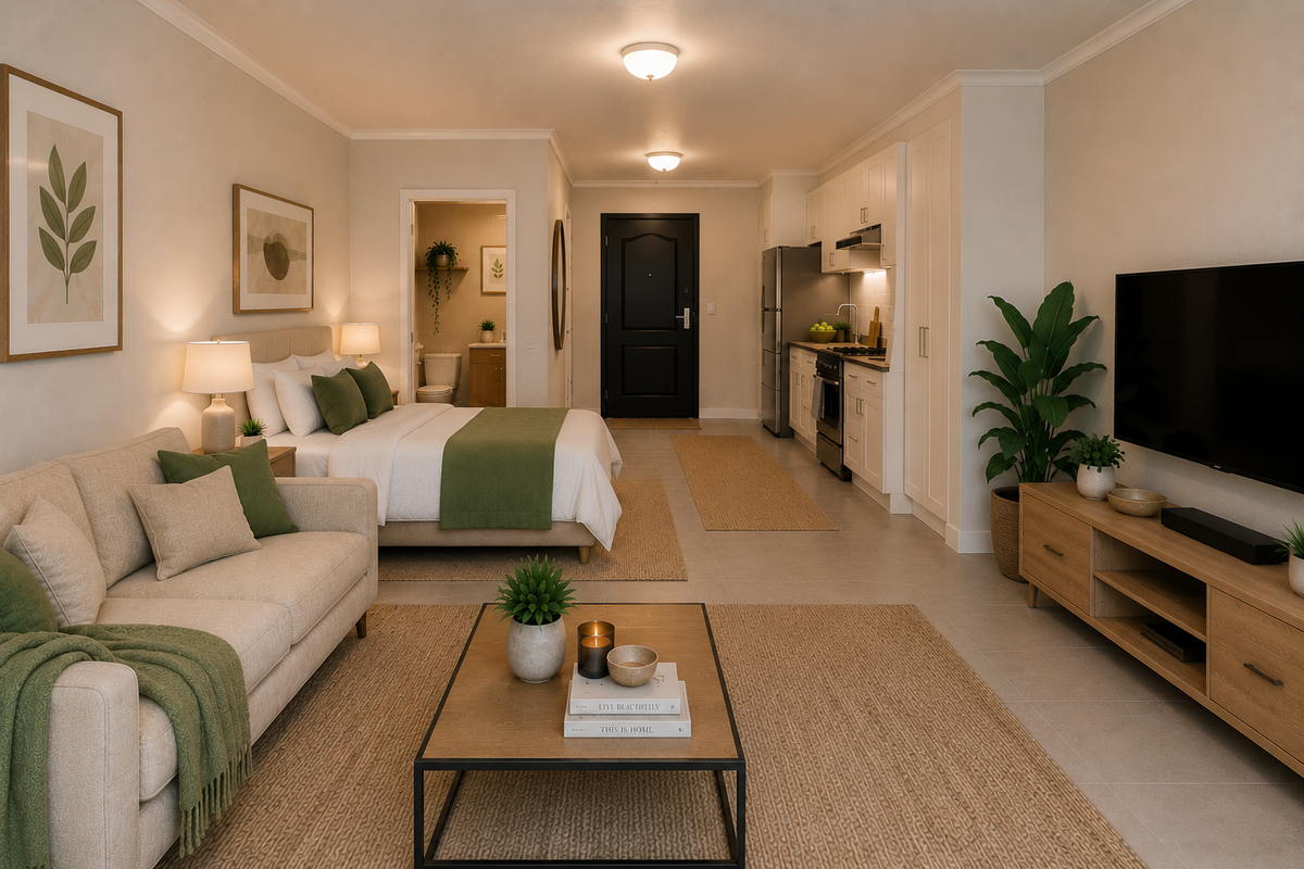 A well-appointed open-plan studio apartment featuring a modern kitchen, integrated appliances, tiled flooring, and a seamless transition to the bedroom and bathroom area.