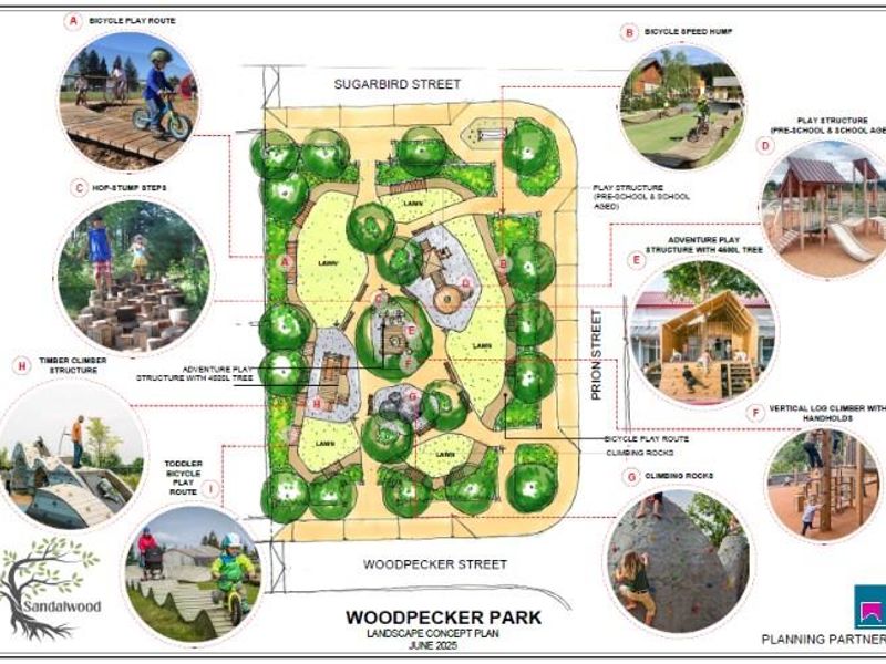 A landscape concept plan for Woodpecker Park, detailing various play structures, bicycle routes, and recreational areas planned for the site.