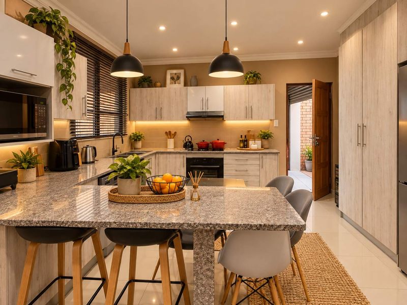 Modern kitchen featuring granite countertops, built-in cabinetry, integrated appliances, and stylish pendant lighting, with direct access to an outdoor area.