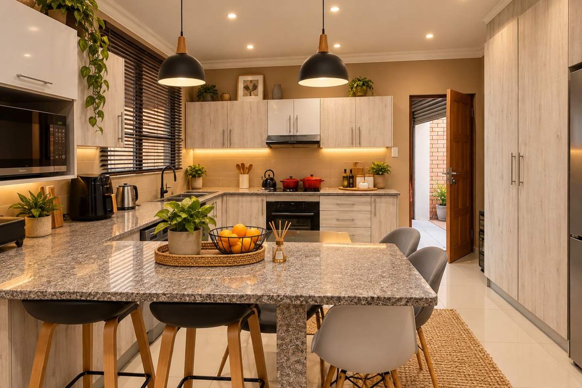 Modern kitchen featuring granite countertops, built-in cabinetry, integrated appliances, and stylish pendant lighting, with direct access to an outdoor area.