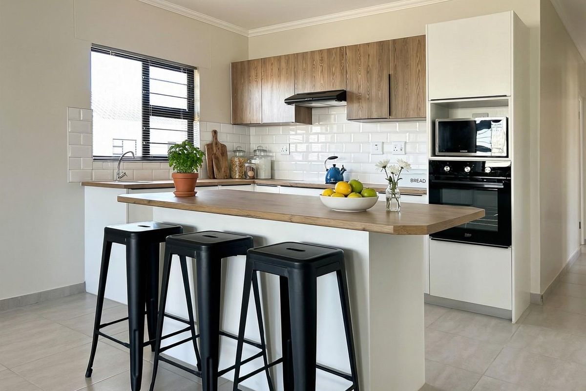 Modern kitchen featuring wood-tone and white cabinetry, subway tile backsplash, built-in appliances, and a functional breakfast island with tiled flooring.