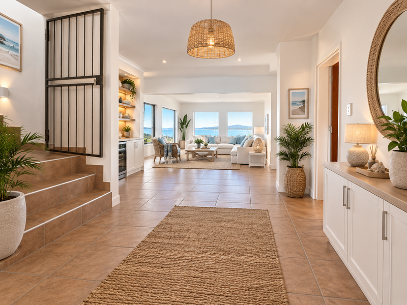 Spacious open-plan living area featuring tiled floors, built-in cabinetry with a wine fridge, and a staircase with a security gate, leading to a bright lounge.