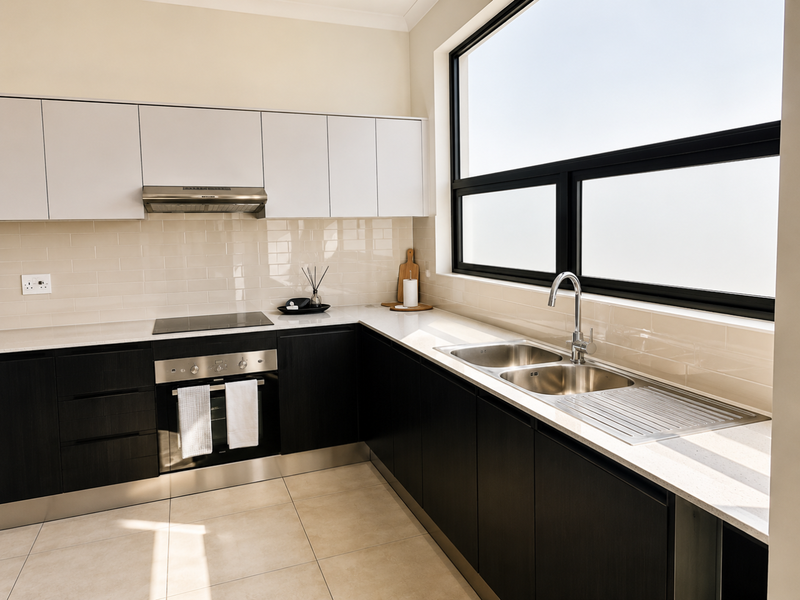 Modern kitchen featuring sleek two-tone cabinetry, stone countertops, integrated stainless steel appliances, and a large window providing ample natural light.
