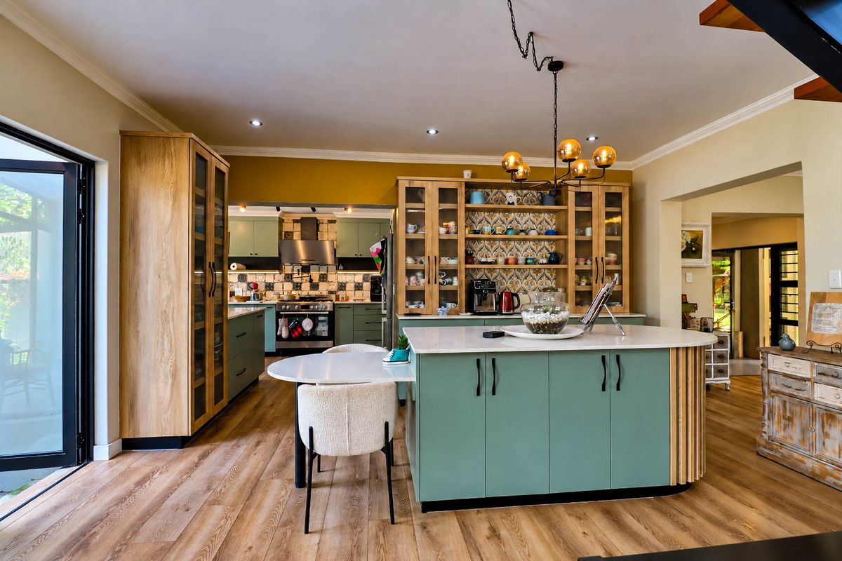 A modern, well-appointed kitchen featuring a central island, custom cabinetry, integrated shelving, and high-quality finishes, seamlessly connected to outdoor space via bi-fold doors.