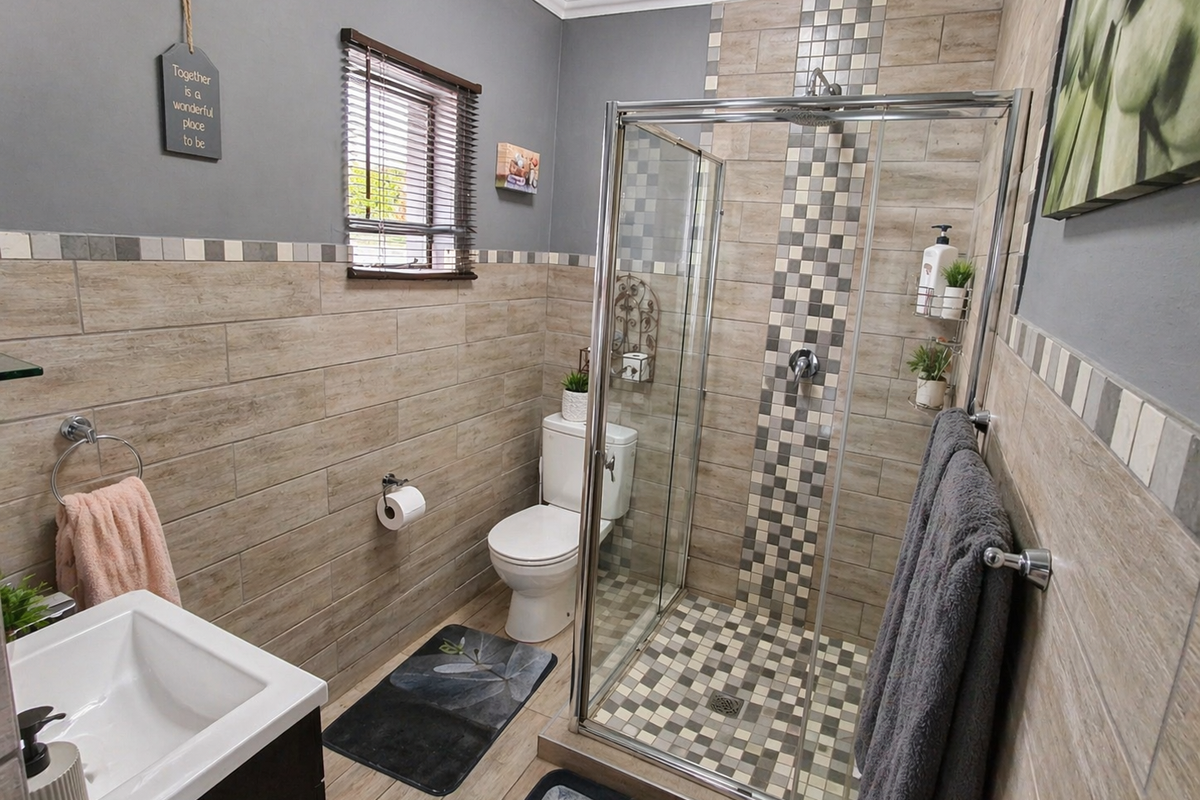A modern bathroom featuring a glass-enclosed shower with mosaic tile accents, a wall-mounted vanity, and neutral wood-look wall tiling.